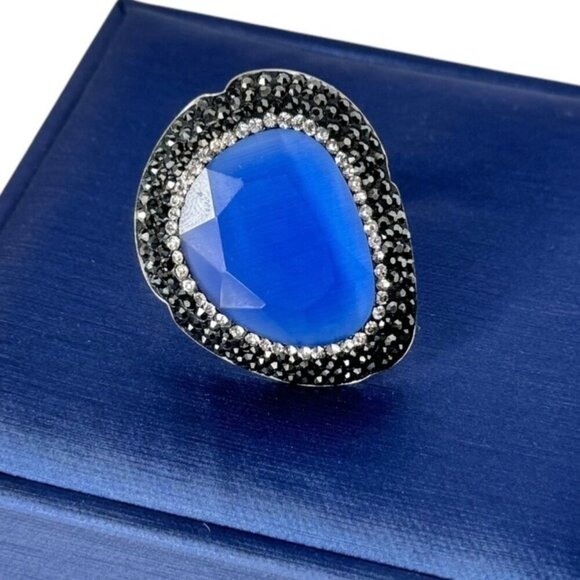 NEW ZSA ZSA Cocktail Ring Blue Cat's Eye Swarovski Adjustable Sterling Silver - Picture 4 of 10